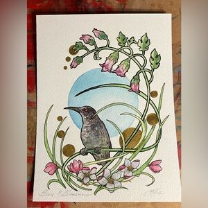Original painting bird flowers blossom art nouveau surreal garden Artettina USA